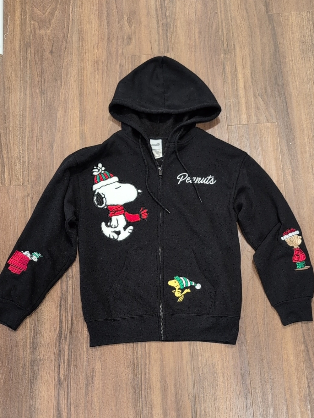 Peanuts Black Zip Hoodie with Snoopy & Woodstock Holiday Embroidery Winter